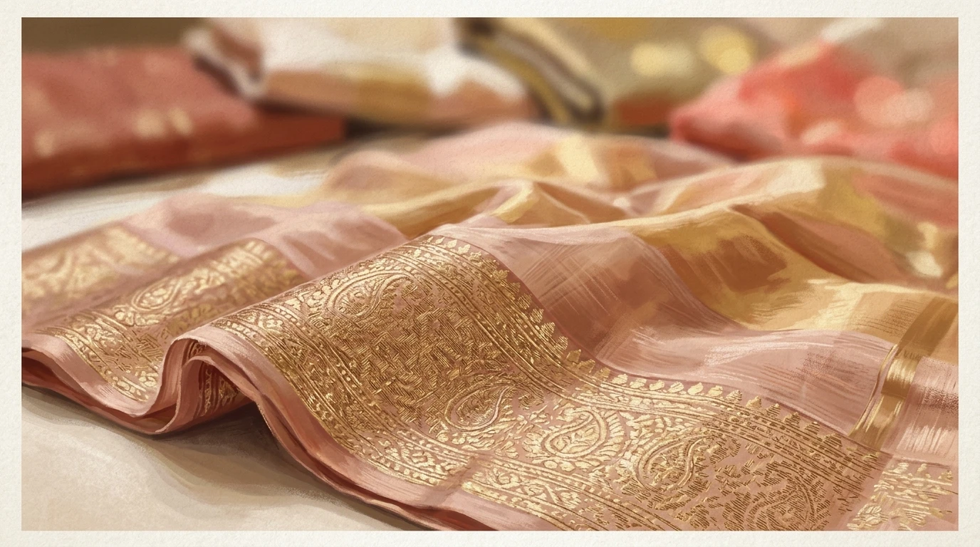 Close-up of folded sari edge with interwoven silk and zari threads, soft shimmering weave.