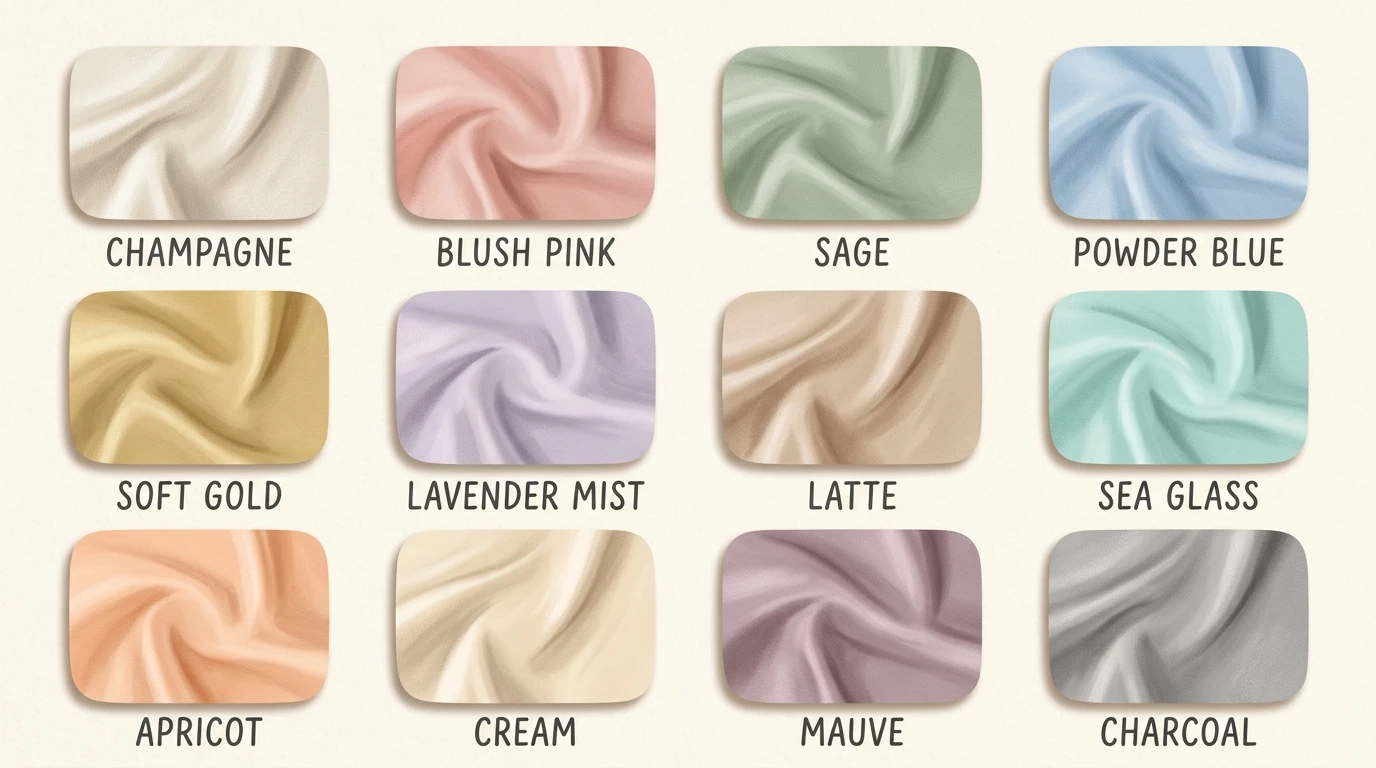 Grid of fabric swatches labeled with pastel names on cream background, arranged neatly.