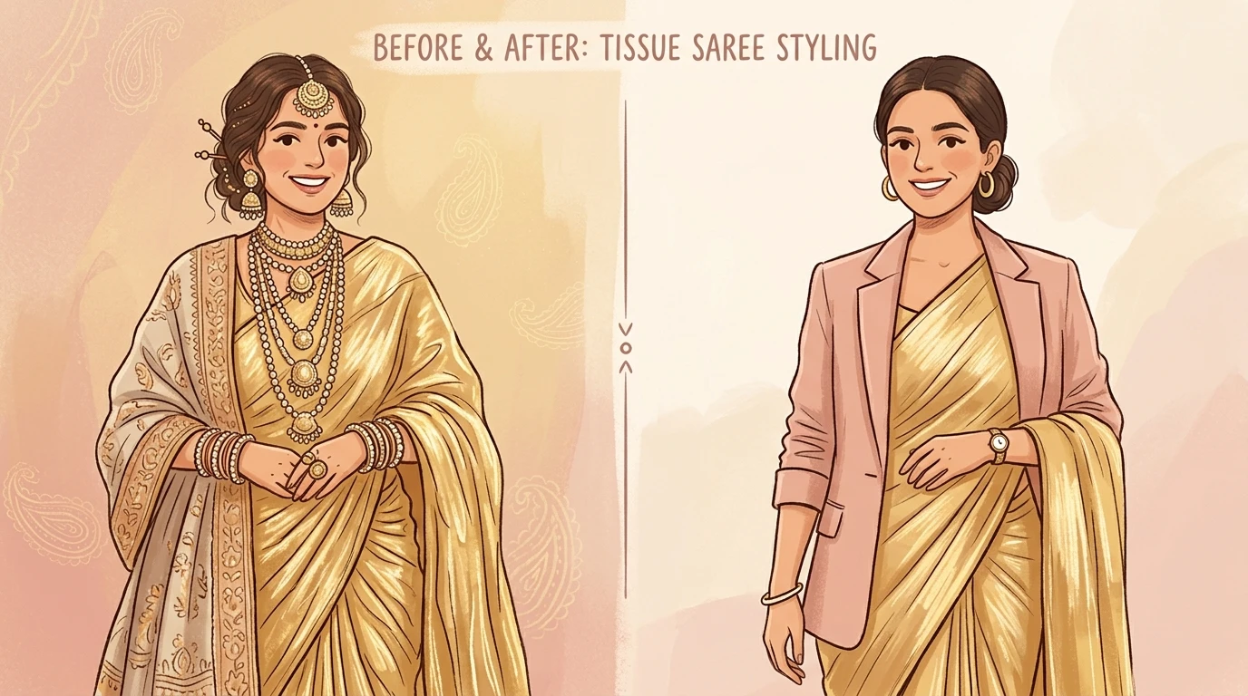 Split figure shows over-accessorised tissue saree vs. clean drape with blazer, central divide.