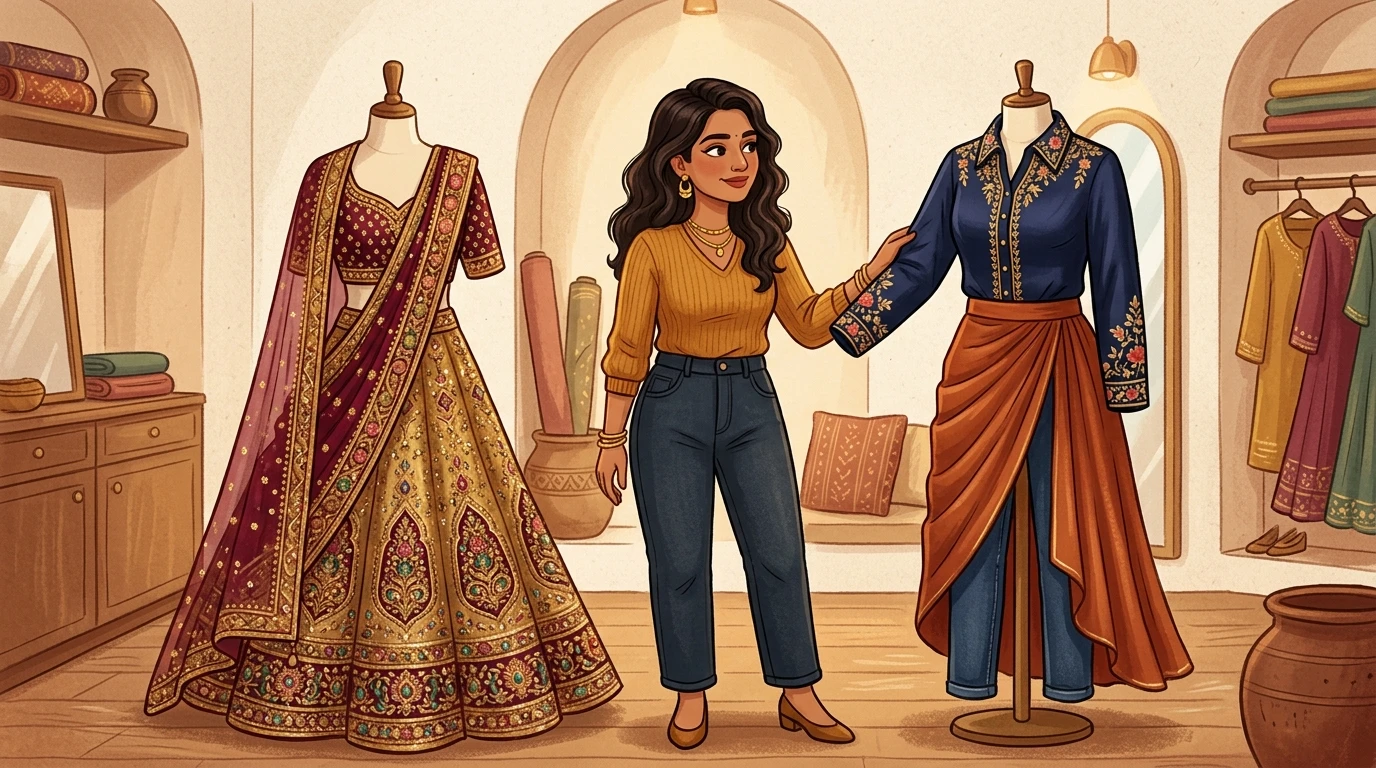 Stylish woman selects zardosi shirt between bridal lehenga and jeans outfit on display.