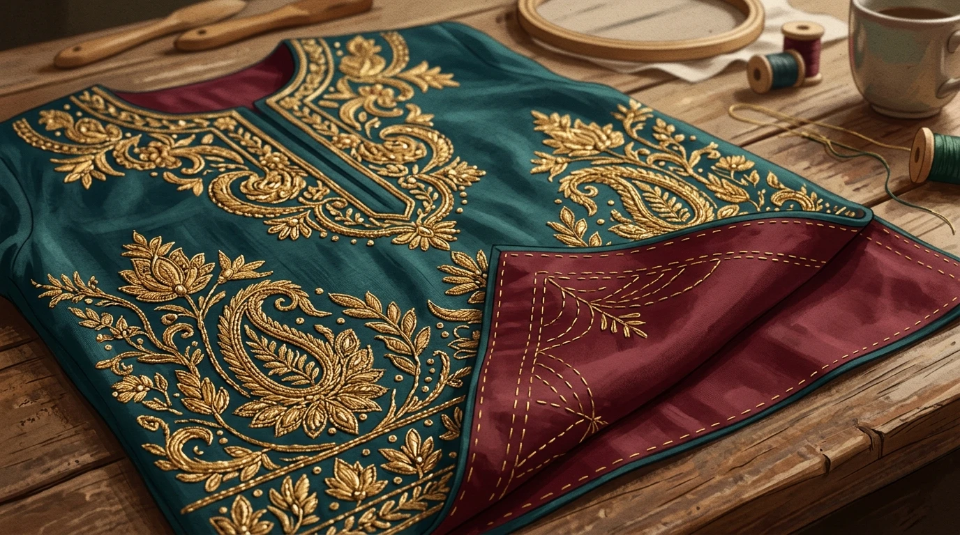 Close-up of a zardosi-embroidered shirt laid flat; front embroidery and back stitches shown.