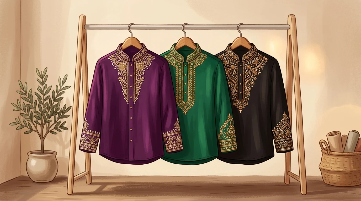 Three zardosi shirts hang on a rack, showing varied collar and cuff embroidery.