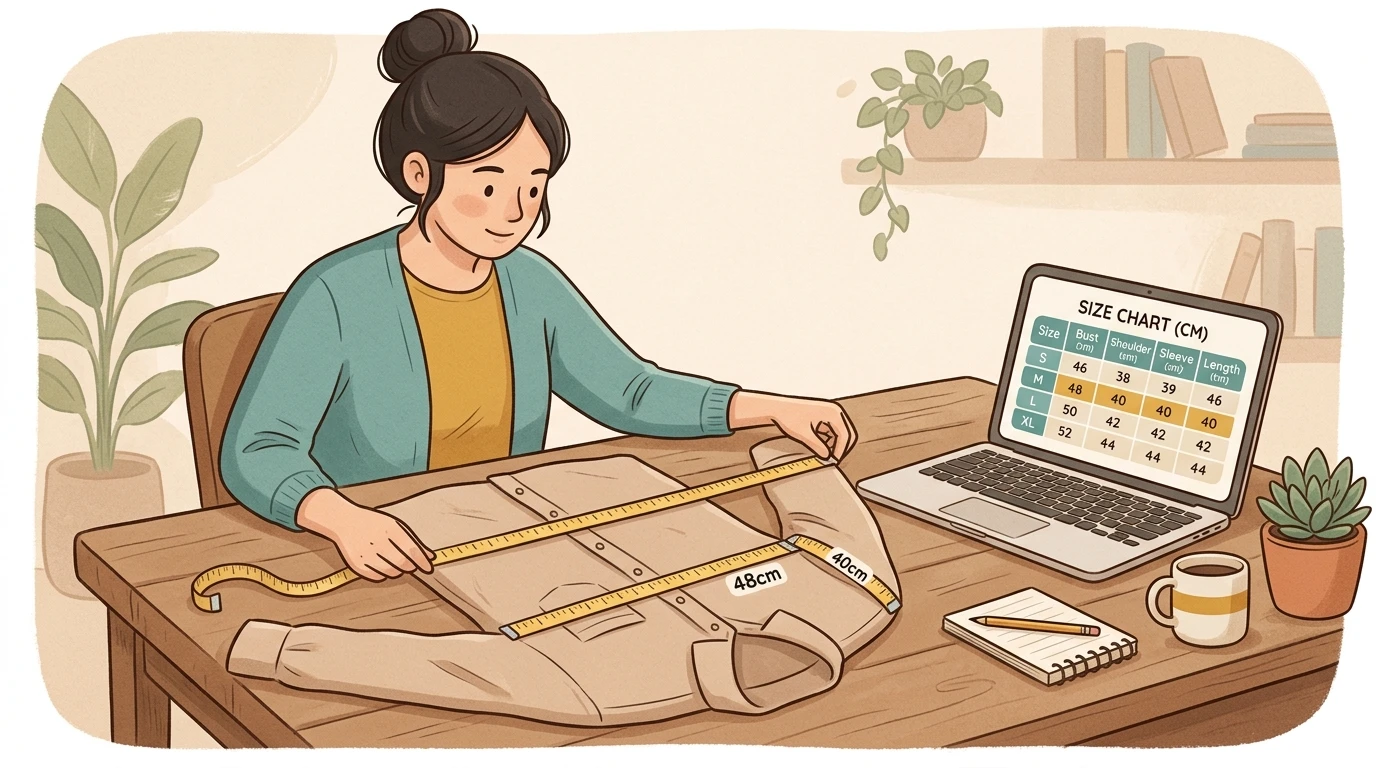 Person measures a shirt with tape at shoulders and bust while laptop shows size chart laid on table.