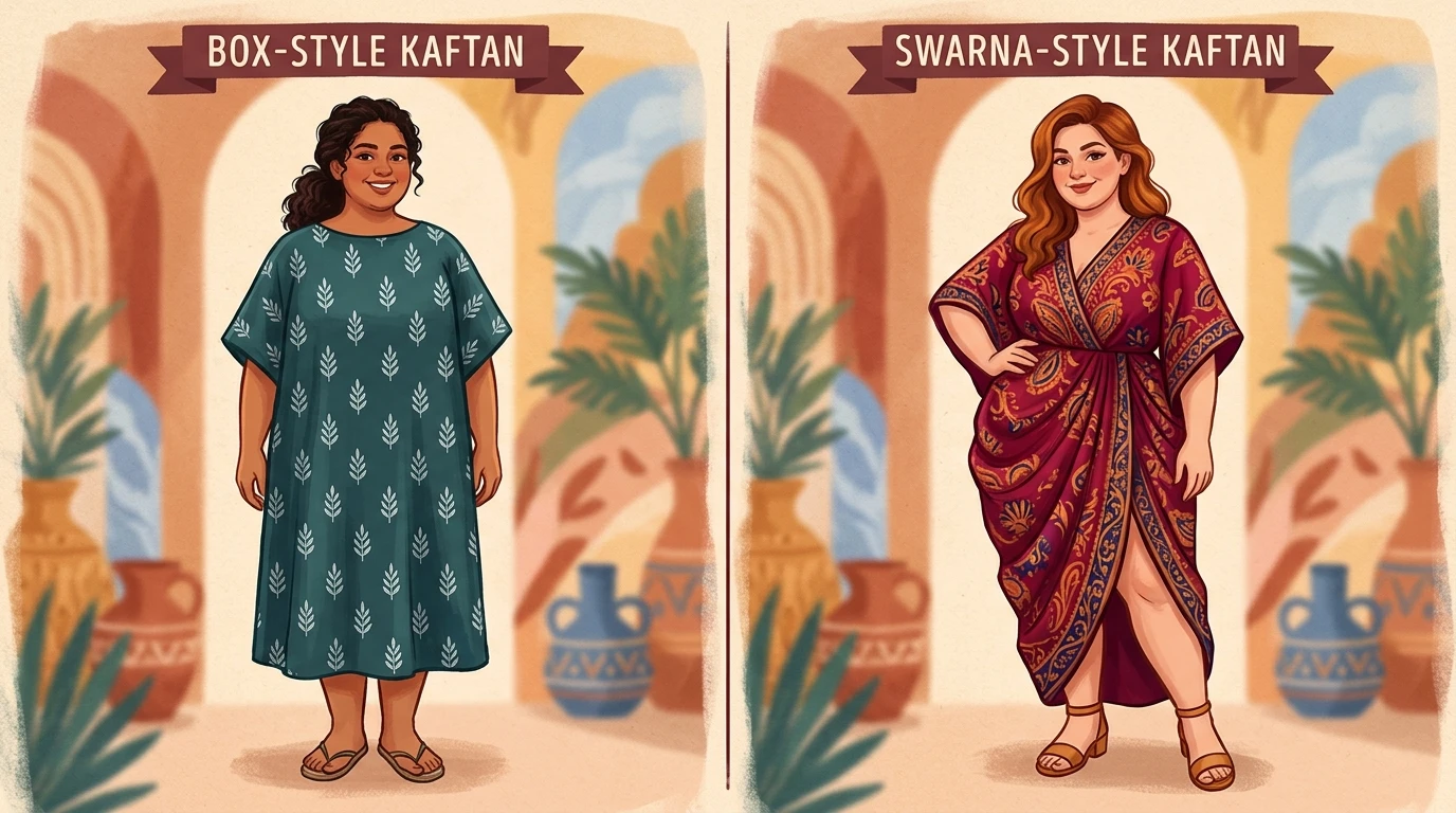 Two plus-size women in kaftans: shapeless left, draped right with side slit.