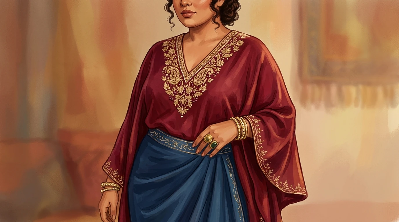 Luxurious kaftan-draped skirt set modeled, focusing on V-neckline and Zardosi embroidery.
