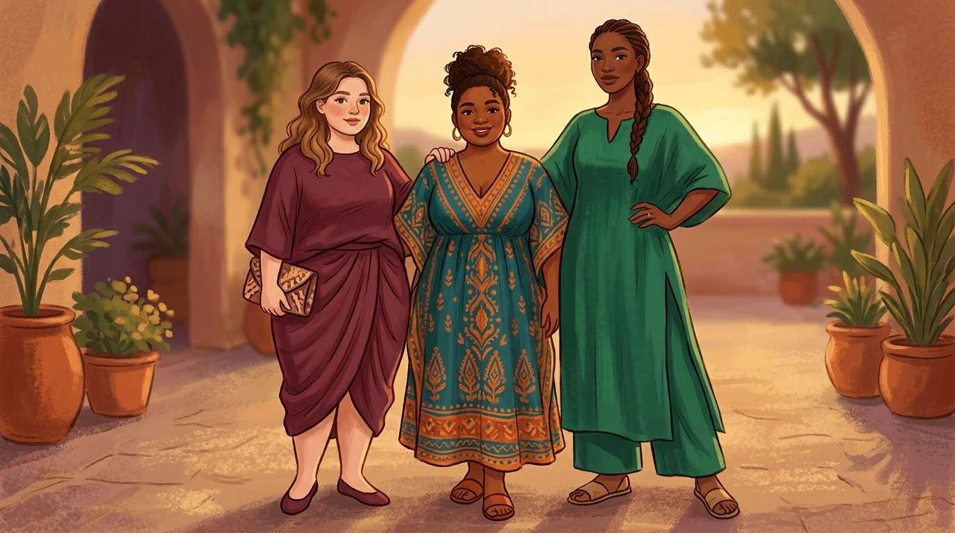 Three plus-size women stand together in kaftan sets, each showcasing unique silhouettes and features