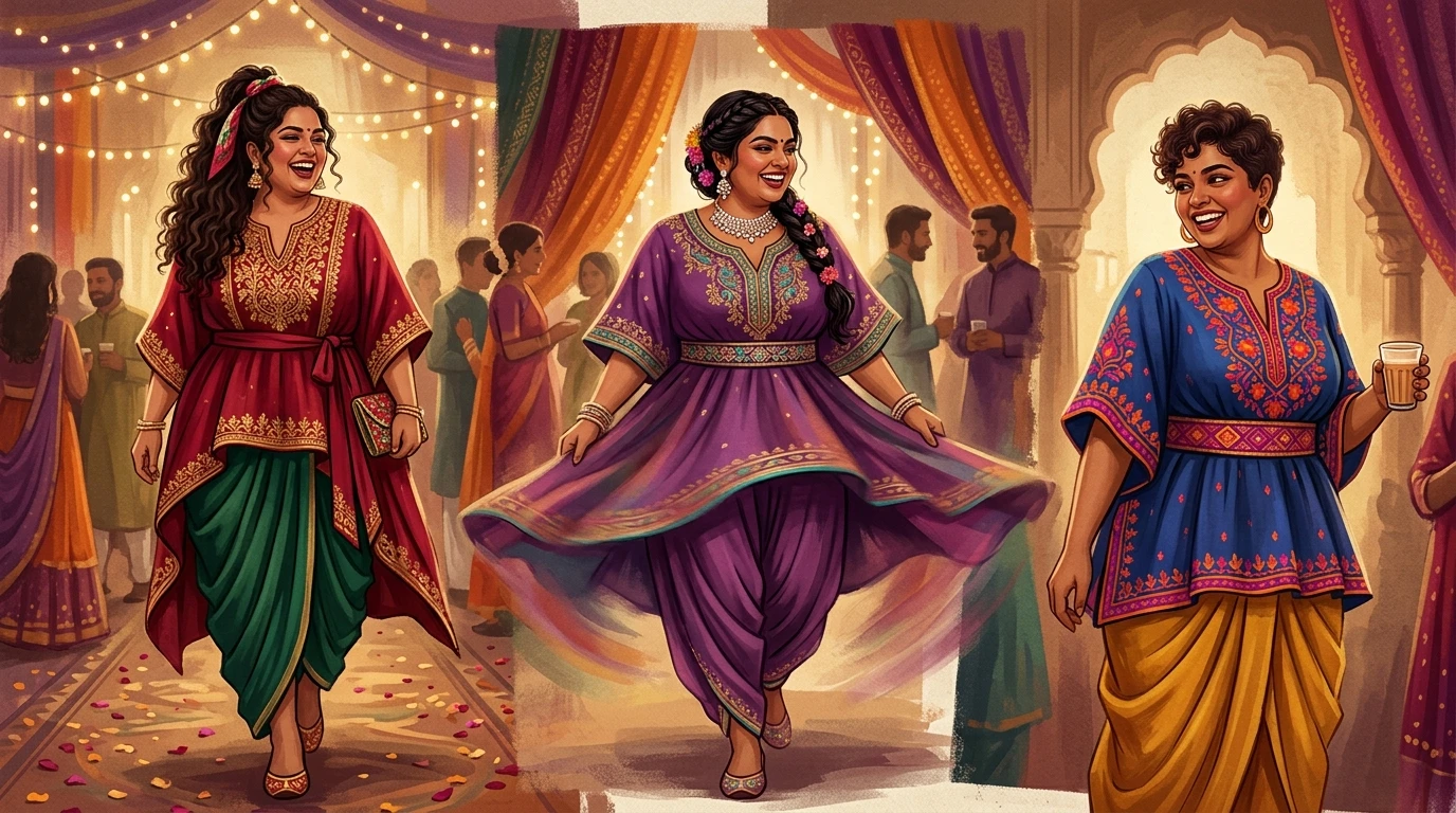 Three plus-size women at a festive event laugh, walk, and twirl in kaftan outfits.