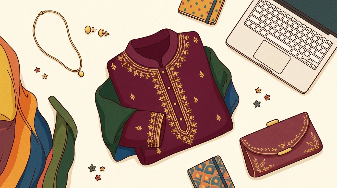 Flat-lay scene with a silk shirt, gold jewelry, laptop, and clutch on textured background.
