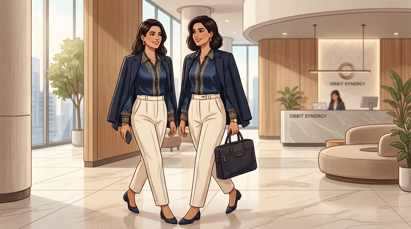 Modern woman holds laptop bag in office lobby beside blazer-clad, tailored outfit.