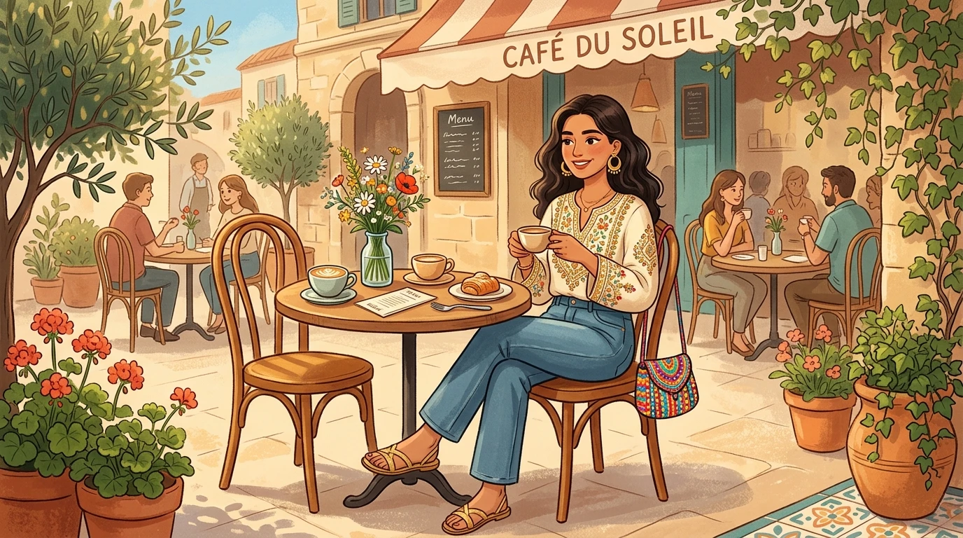 Woman at outdoor café table with coffee, flowers, colorful mini bag, hoop earrings, sandals.