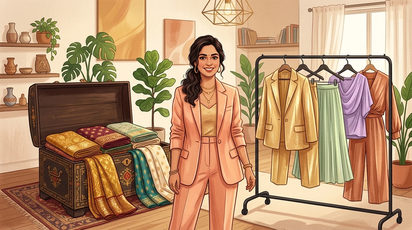 Indian woman stands between heirloom trunk of sarees and clothing rack of blazer sets and skirts.