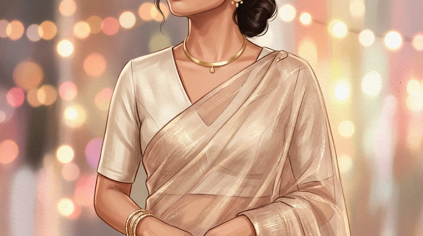 Close-up of a woman in a sheer saree with minimalist blouse and choker, wedding lights backdrop.