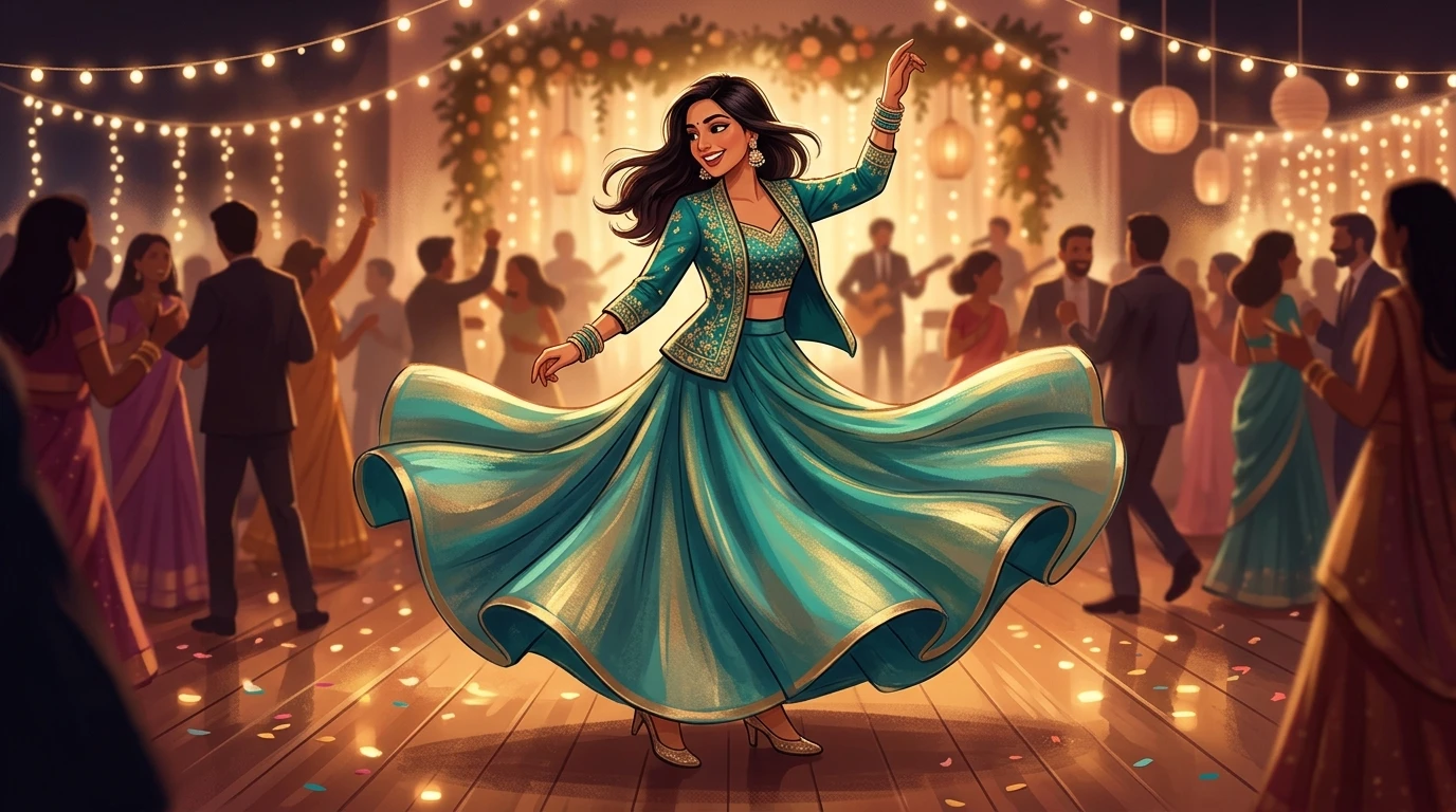 Woman in tailored blazer and flowing skirt twirls on a dance floor among guests.