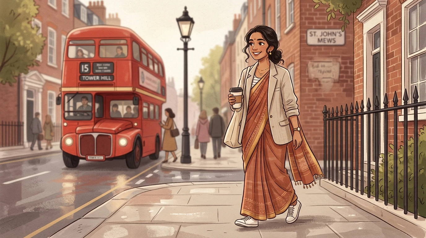 Young Indian woman walks down a London street in a saree and blazer, city backdrop blurred.