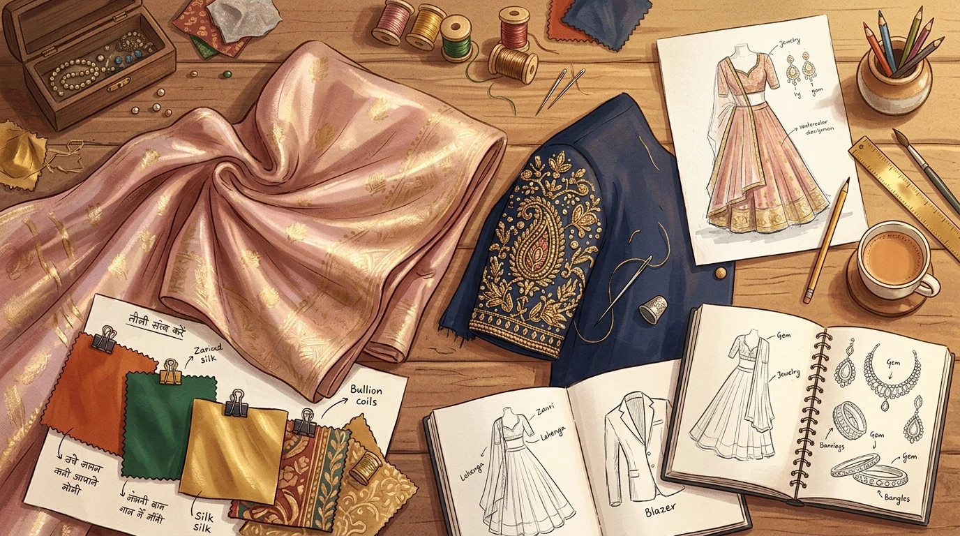 Designer’s desk flat-lay with saree, embroidered blazer sleeve, fabric swatches, sketches, and jewellery outlines.