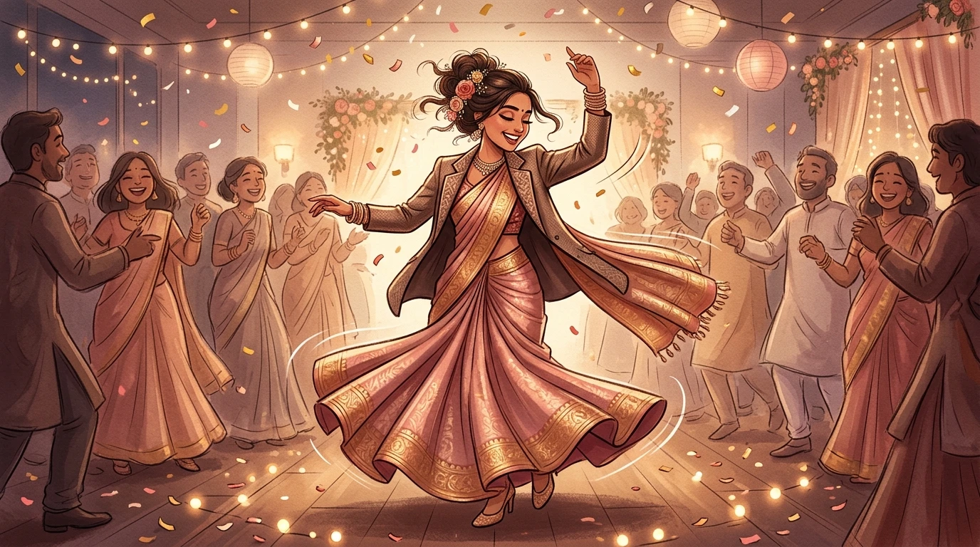Bride in saree and blazer twirls; guests around, lights and confetti in background.
