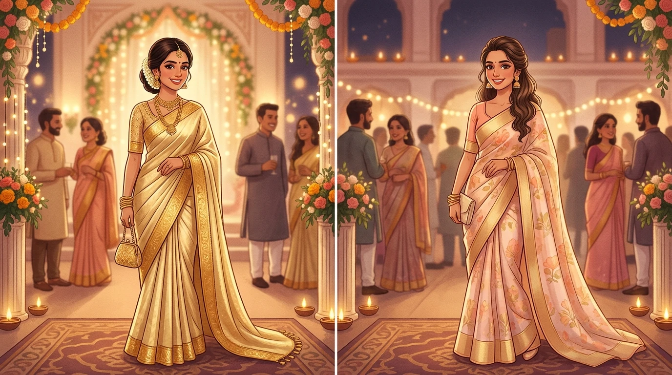 Two elegant women stand side by side at a reception, wearing sarees.