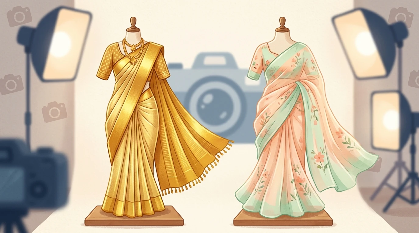 Two mannequins pose side by side in contrasting sarees, with camera icons and studio lighting cues.