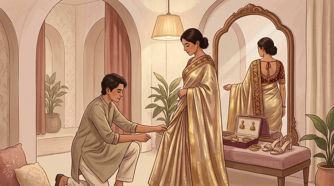 Stylist adjusts pleats on saree while woman poses; mirror shows blouse and pallu detail.