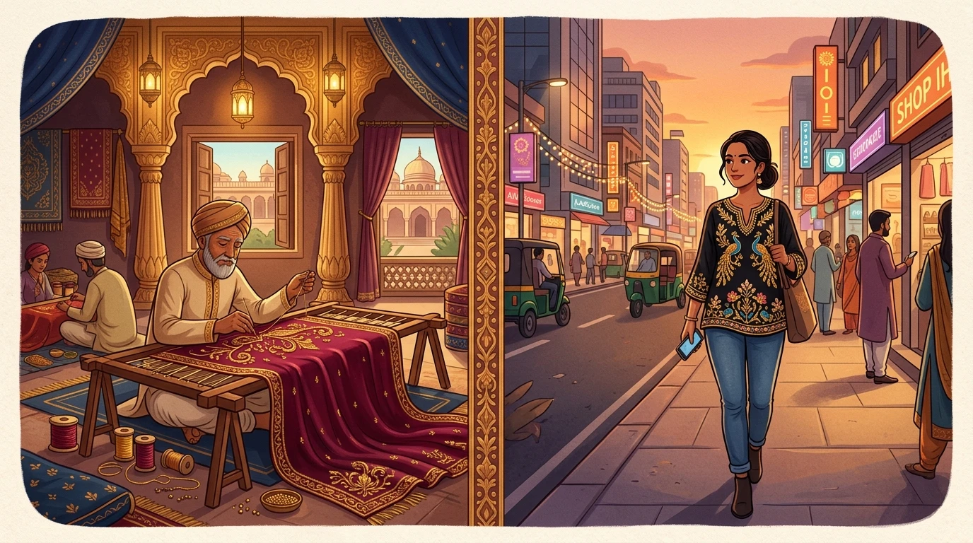 Historian karigar embroidering gold zardosi vs modern woman walking city street, split scene.