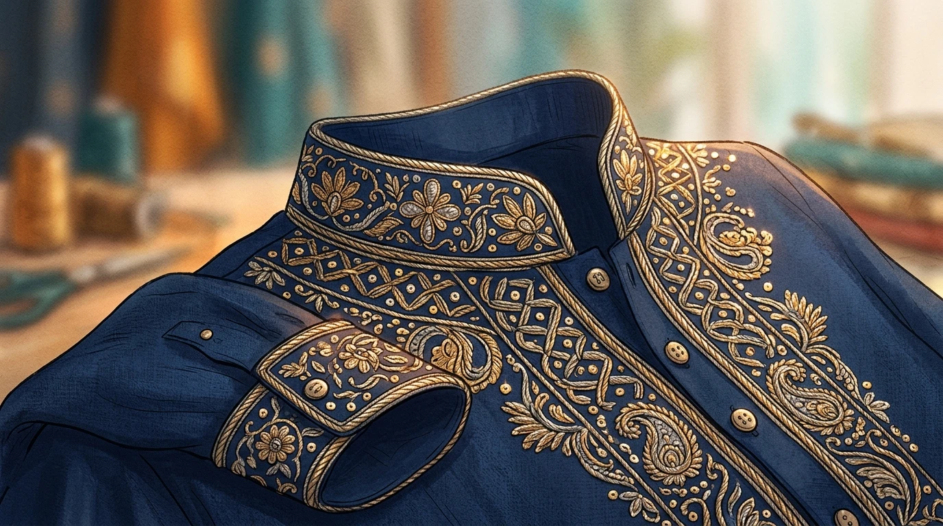 Close-up of modal silk shirt cuff and collar with ornate zardosi embroidery and sequins