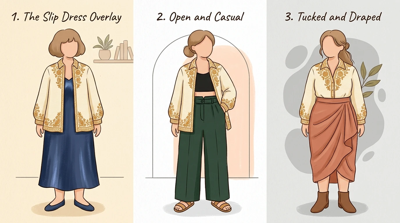 Triptych of shirt styled over slip dress, open over crop top and trousers, tucked into skirt.