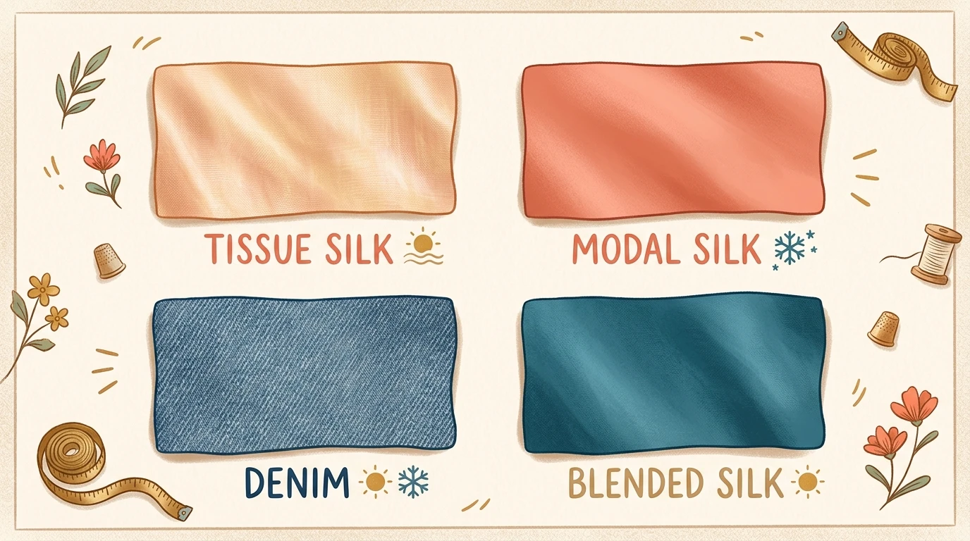 Flat-lay of four labeled fabric swatches with tiny season icons on cream background.