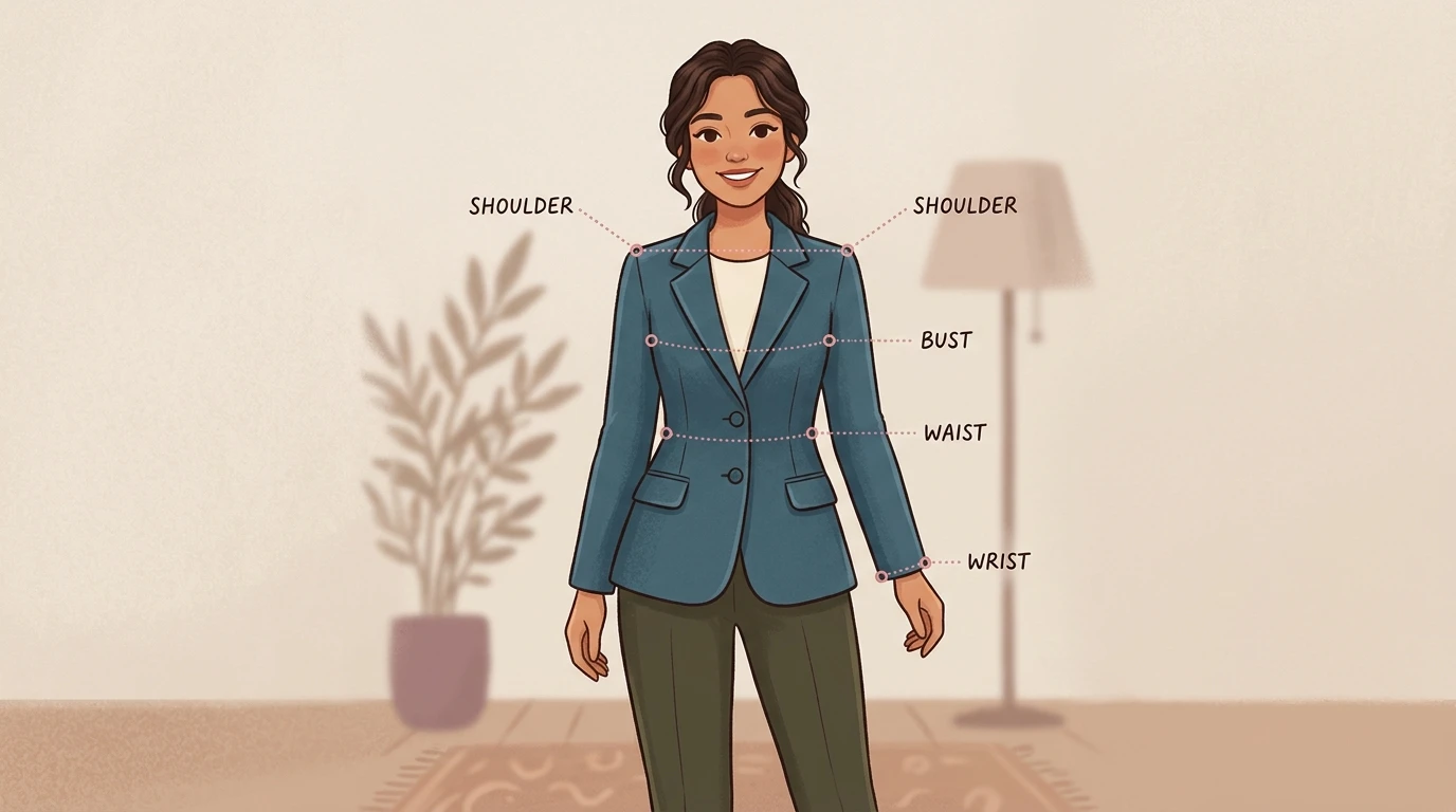 Woman in blazer facing front; shoulder, bust, waist, and wrist bone guidelines with labels.