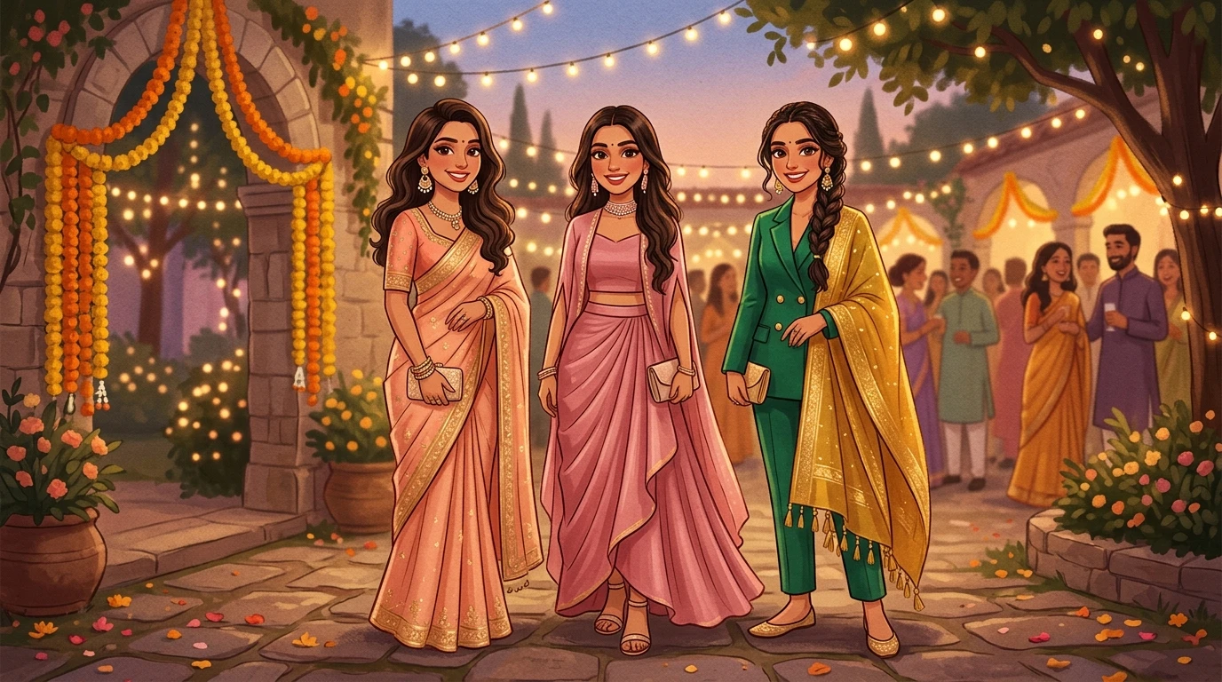 Three stylish women pose in a wedding courtyard in saree, draped skirt set, and blazer ensemble.