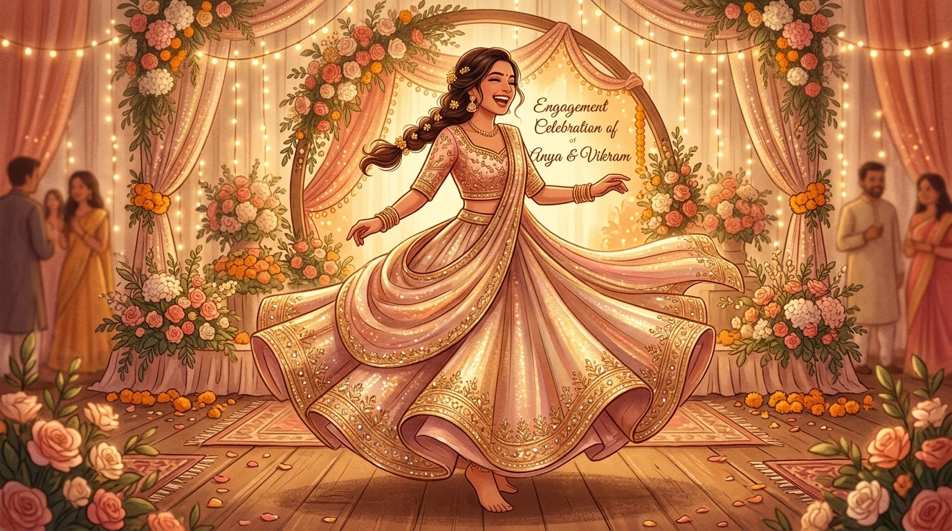 Woman twirls on stage in embroidered blouse and flowing skirt with lights and floral backdrop.