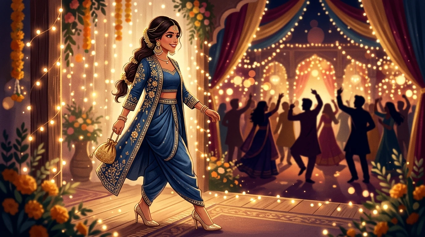 Woman steps into twinkling sangeet venue, wearing denim dhoti set; sculpted drape, earrings, metallic heels.