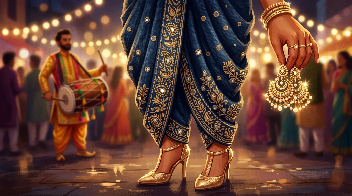 Person in denim dhoti holds shimmering statement earrings amid festive setup with dhol and fairy lights.