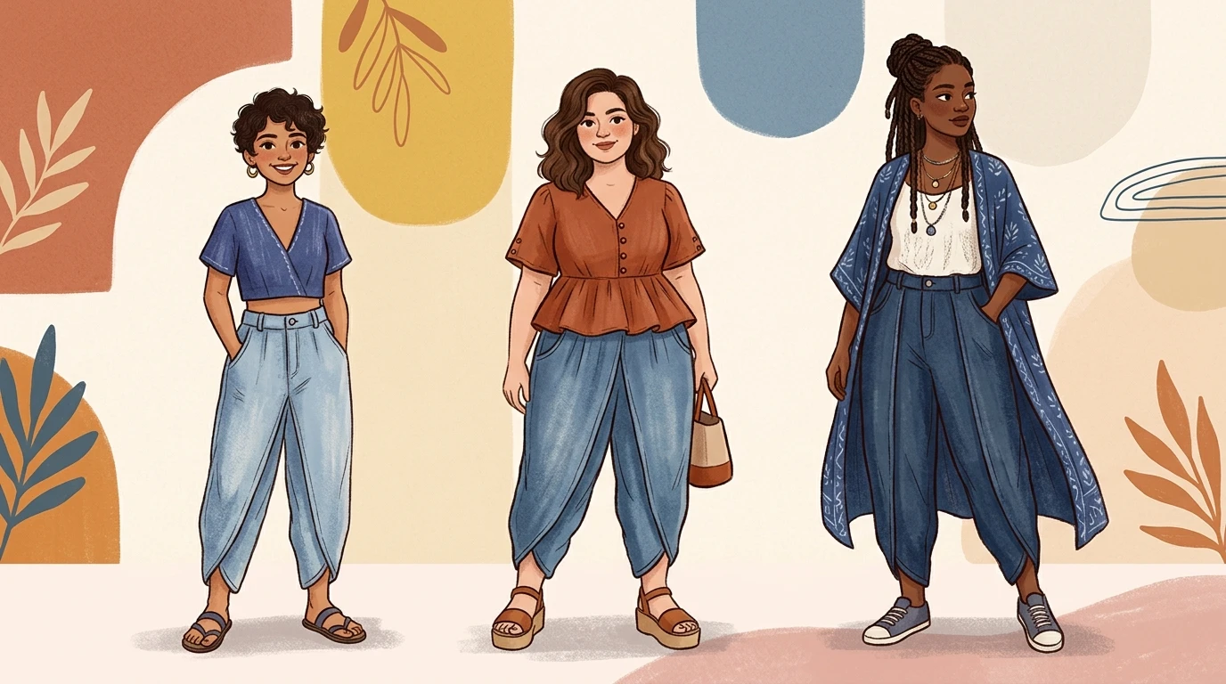 Three stylized women stand side by side in denim dhoti outfits with distinct tops/cape.