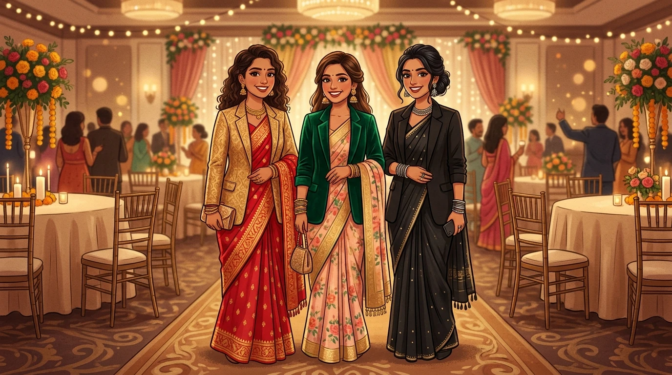 Three women in saree-and-blazer outfits pose at a wedding reception.