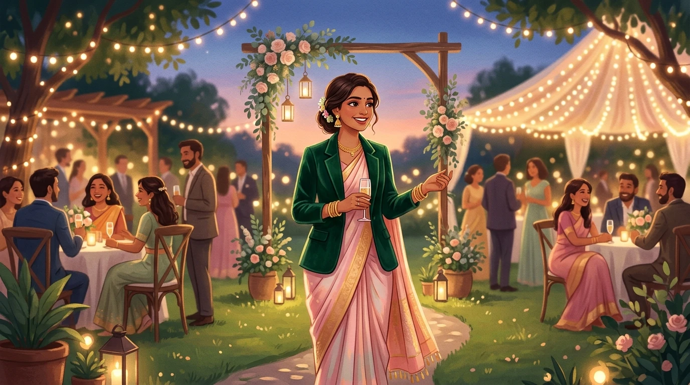 Woman stands at outdoor lawn reception, wearing flowing saree and blazer, guests in background.