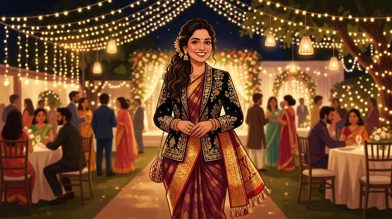 Woman at wedding reception wearing saree under blazer, posing with visible border and pallu.