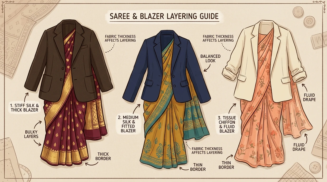 Three sarees layered with three blazers, illustrating fabric thickness and borders through labels and arrows.