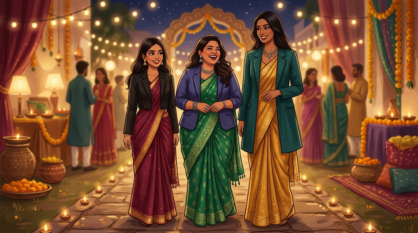 Three women wear sarees paired with cropped, waist-length, and longline blazers.