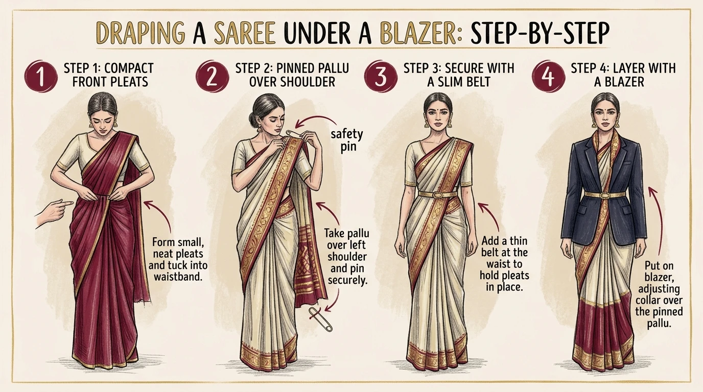 Hand-drawn steps showing draping saree under blazer with pleats, pallu, belt, blazer on top