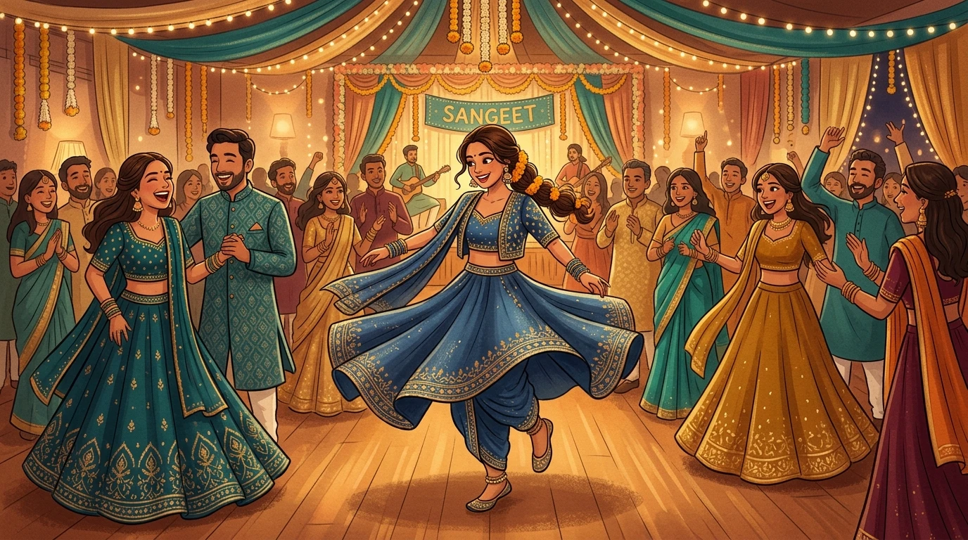 Woman dances center in embroidered denim dhoti set while guests celebrate.