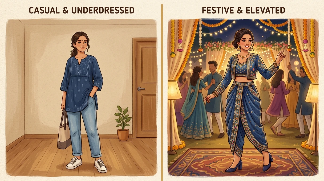 Two-panel scene: casual outfit vs. festive embroidered ensemble at a decorated venue.