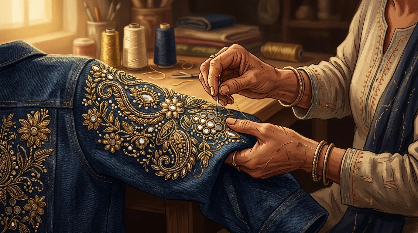 Close-up of a karigar stitching intricate zardosi and mirror work on a denim jacket sleeve.