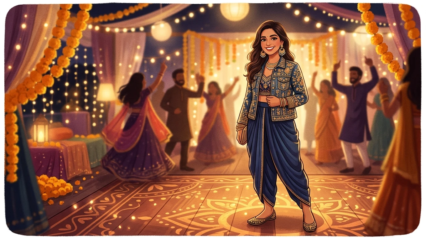 Stylish woman stands dancing floor wearing embroidered denim jacket over dhoti pants with jewelry