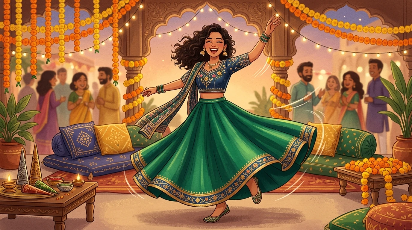 Woman spins in cropped denim top and lehenga; marigold strings, cushions, mehendi cones nearby.