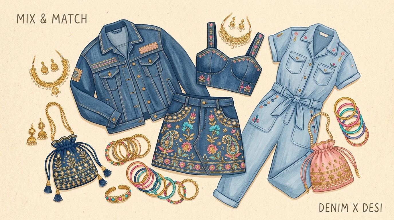 Flatlay with denim clothing surrounded by Indian jewelry and accessory pieces arranged together.