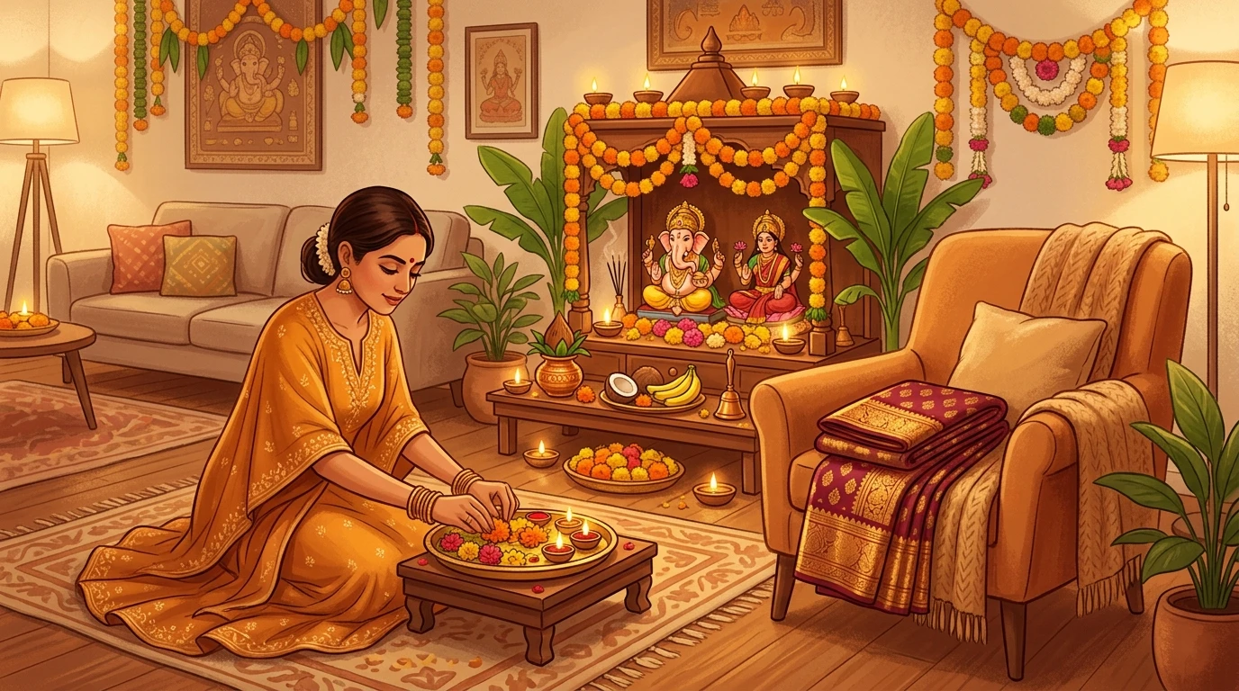Woman adjusts a thali in a living room for puja; folded saree on chair nearby.