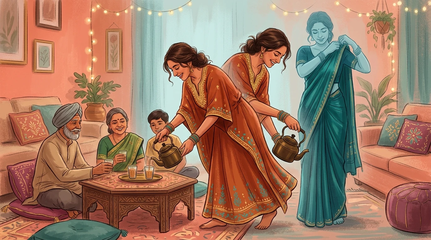 Woman in long robe serves tea to seated relatives; another outline shows her in saree adjusting pallu.