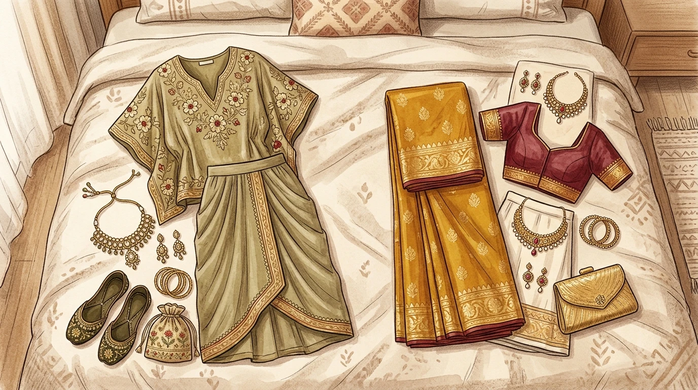 Flat-lay showing two outfit options: left embroidered kaftan skirt set; right folded saree with accessories.