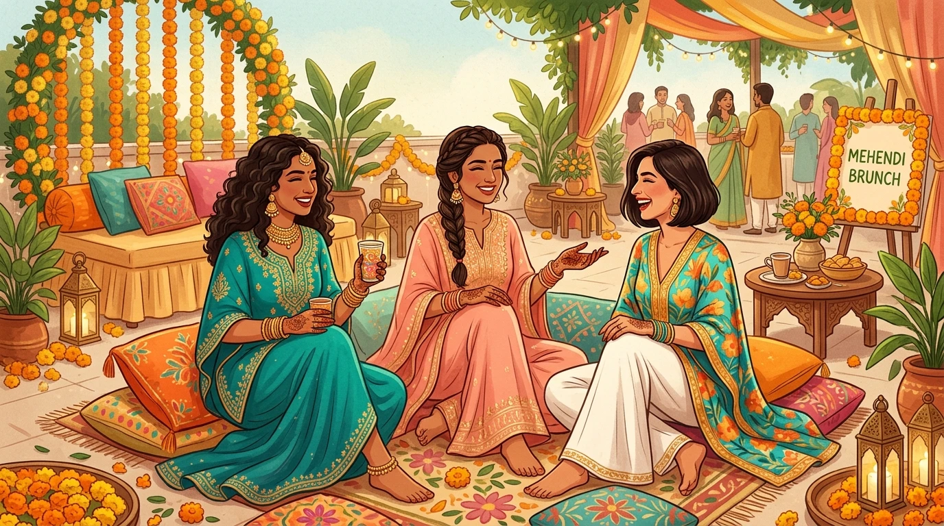 Three women wear kaftans at outdoor brunch, mingling near marigold decor and low seating.