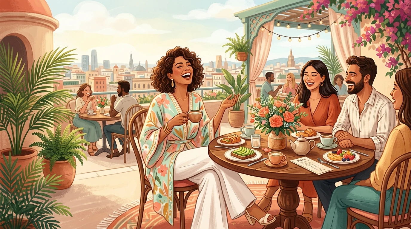 Woman in kaftan sits with friends at rooftop brunch table filled with coffee and flowers